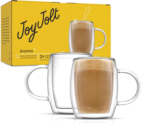 13.5-Ounce Set 2 JoyJolt Double Wall Glasses Insulated Mugs Double Walled Glass Cups For Coffee Tea