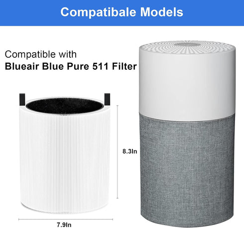 2 Pack Blue Pure 511 Filter Replacement Compatible With Blueair Blue Pure 511 Air Cleaner. Fit For Blue Air 511 Filter Replacement. 3-in-1 True HEPA Filter Particle And Activated Carbon Filter.