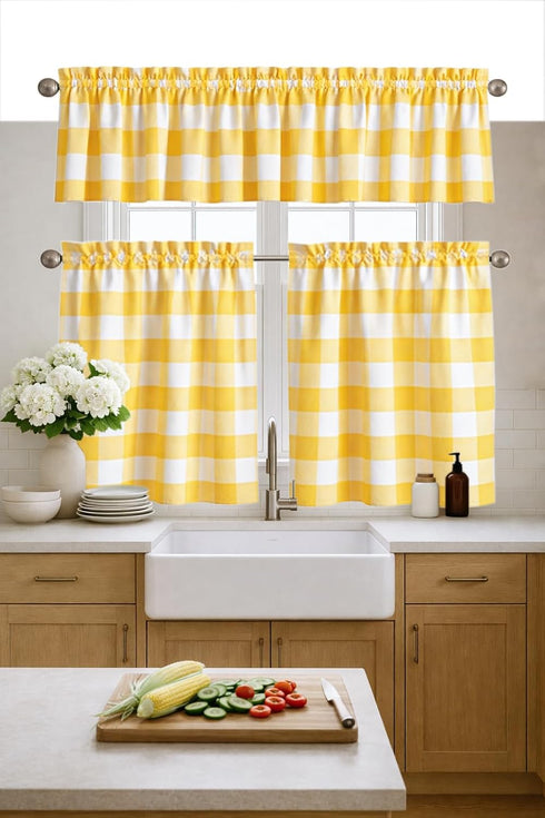 Native Fab Buffalo Check Short Window Curtains, 3 Piece Tier and Valance