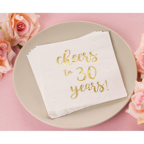 Juvale Cheers to 30 Years Cocktail Napkins, 5 x 5 In, 3-Ply White & Gold Foil, 50 Pack
