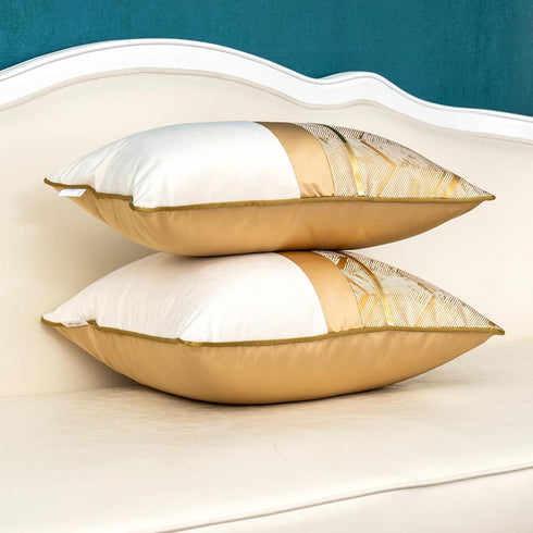 Alerfa 12 x 20 Inch Khaki White Geometric Striped Gold Leather Patchwork Velvet Cushion Case for Couch Sofa