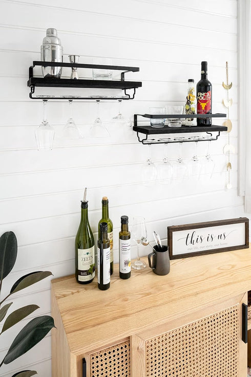 Set 2 Mkono Wall Mounted Wine Rack of Wood Shelf Rustic Wine Bottle Glass Floating Shelves with Stemware Hanger Modern