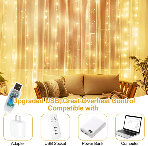300 9.8 9.8FT 8 LED Fairy Curtain Lights, x Warm White USB Plug in Modes Hanging Lights with Remote for Christmas
