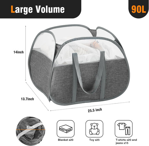 TECHMILLY Pop Up Foldable Laundry Basket, 90L Large Capacity Tear Proof Hamper with Reinforced Handles for Dirty