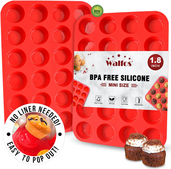 Walfos Silicone Cupcake Pan Set, 2-Piece Mini Muffin Baking Pan, 24 Cups, BPA Free, Non-stick, Dishwasher Safe