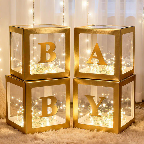 Lovelite Baby Boxes with Letters for Baby Shower, 4 Clear Balloon Boxes