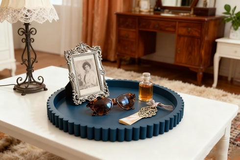 12in Handmade Decorative Tray for Coffee Table Tray Decor, Blue Wooden Decorative Round Tray for Kitchen, Living Room