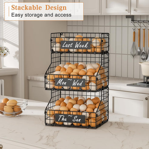 Countertop 3 Countertop/Wall-Mounted, keomaisyto Egg Holder with Nameplate to Separate Eggs, Tier Stackable Wire
