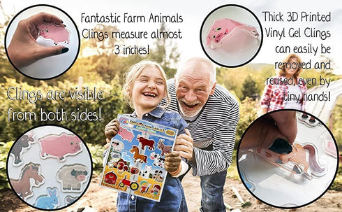 Farm Animals Gel Window Clings for Kids - Window Stickers for Toddlers, Reusable Sticker for Home Car Activities