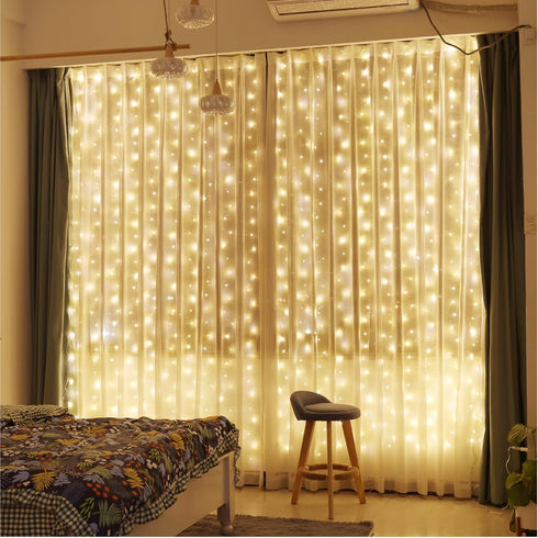 ZSJWL 300 LED Curtain Fairy Lights with Remote, 8 Modes, 9.8 × 9.8 Ft, USB Plug in Copper Wire String Lights for Bedroom