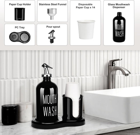 Set Bathroom,16 OZ 14 Glass Mouthwash Dispenser with Cup Holder,BYAWAY Mouthwash for Refillable Mouthwash Bottle