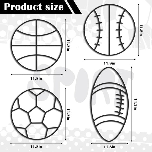 4 Packs Funrous Sports Room Wall Decor for Boys Metal Modern Soccer Football Wall Art Decor Black Basketball Baseball