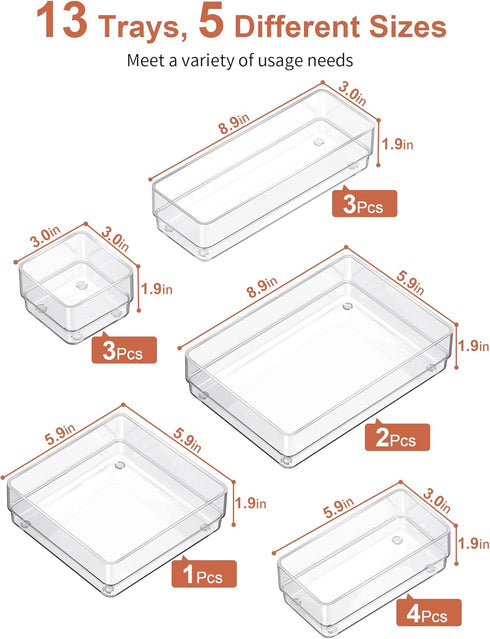 SMARTAKE 13-Piece Drawer Organizer with Non-Slip Silicone Pads, Clear Storage Trays for Makeup, Jewelry, Utensils