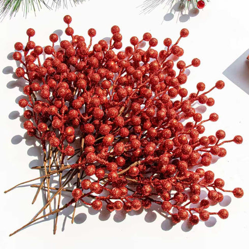 VioletEverGarden 32 Pack Glitter Christmas Picks 6.5 Inch Christmas Berry Stems Red