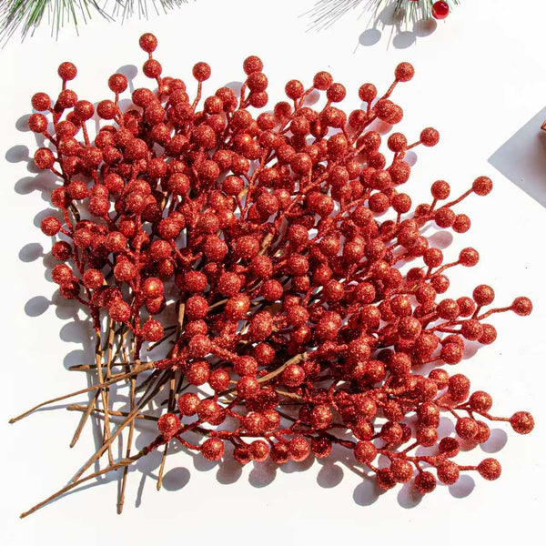 VioletEverGarden 32 Pack Glitter Christmas Picks 6.5 Inch Christmas Berry Stems Red
