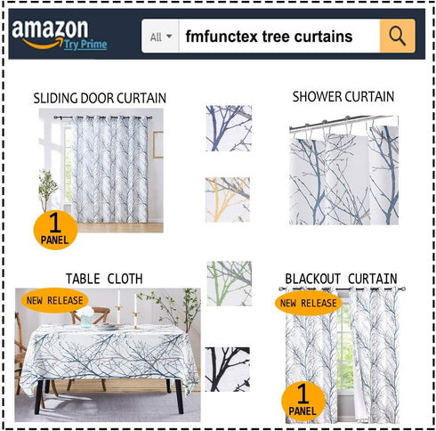 FMFUNCTEX Linen Semi Sheer Curtains - Yellow White 45 Inches Long for Bedroom, Grey Tree Branch Print