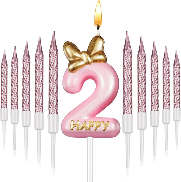 BBTO Number 2 Pink Birthday Candle with 10 Long Thin Cupcake Candles in Holders for Cake Topper Decor