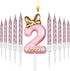 BBTO Number 2 Pink Birthday Candle with 10 Long Thin Cupcake Candles in Holders for Cake Topper Decor