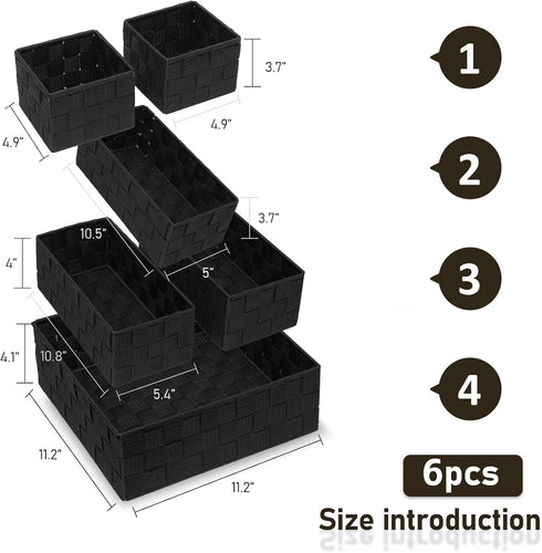 Drawer Organizer Bins, Woven Storage Box Set of 6, Stackable Cube Baskets for Organizing Drawers and Shelves.