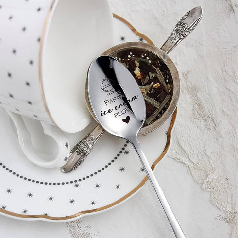 Papa's Ice Cream Plow Funny Stainless Steel Engraved Spoon, Long Handle Coffee Tea Spoon for Papa Dad Men