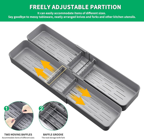 Kitchen Drawer Silverware Organizer, Adjustable Cutlery Holder, Expandable Utensils Tray for Flatware Storage