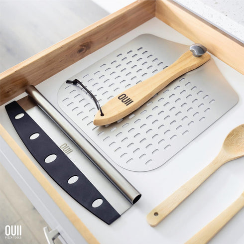 Perforated Pizza Peel 12 x 14 Inch, Paddle Spatula with Foldable Handle, Pizza Cutter Rocker 14'' Blade