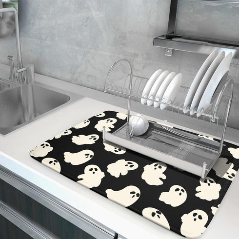 Halloween Dish Drying Mat, 18”x24” Absorbent Microfiber Ghosts Mat for Kitchen Counter, Reversible Fast Drying