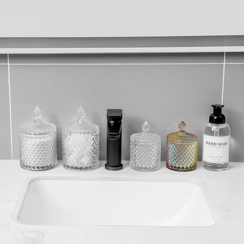 2 Pack rejomiik Qtip Holder Glass Apothecary Jars with Lid Bathroom Accessories Vanity Organizers and Makeup Storage
