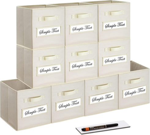 artsdi Foldable Fabric Cube Storage Bins Set of 10 with 10 Labels Window Cards & a Pen, Beige Baskets Containers for