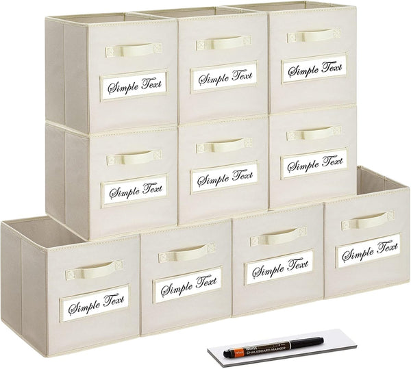 artsdi Foldable Fabric Cube Storage Bins Set of 10 with 10 Labels Window Cards & a Pen, Beige Baskets Containers for