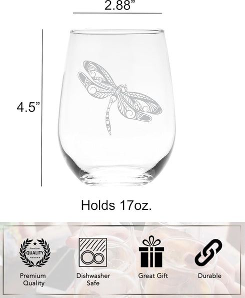 Dragonfly Stemless Wine Glass - 17 oz Dragonfly Themed Gift for Men and Women