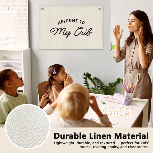 Welcome to My Crib Kids Room Decor - Linen Banner Wall Hanging Canvas Banner Flag Decor for Toddler Boys Girls Bedroom