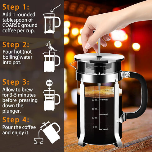 French Press Coffee Maker, 304 Stainless Steel, 4 Filters System, Heat Resistant Borosilicate Glass, BPA-Free Brewed