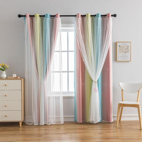 conokata Grommet 2 52W 84L) Star Girl and Kids Curtains for Bedroom Rainbow Ombre Double Layer Cute Shot Nursery