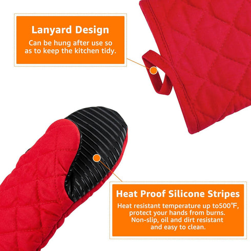 Puppet Oven Mitts Red Cotton Silicone Non-Slip Long Sleeve, Heat Resistant Gloves for Home Kitchen Chef Cooking