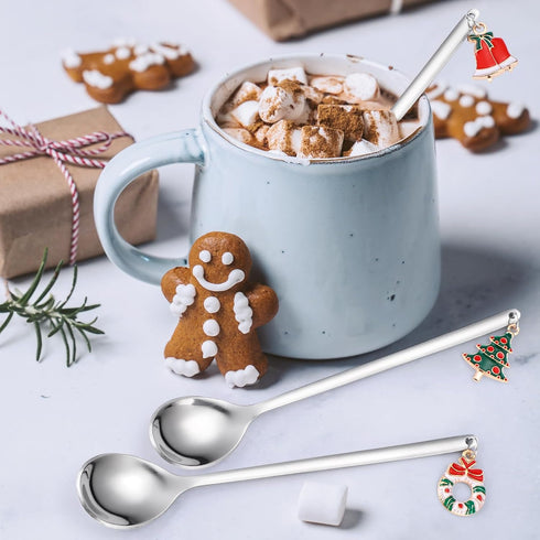Christmas Silver Dessert Spoons, 6 Pieces Small Stainless Steel Flatware with Decorative Pendants for Coffee and Tea