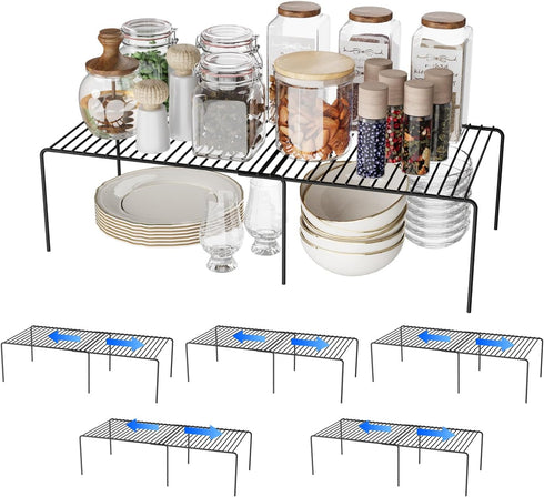 Expandable Storage Shelf - Adjustable Rustproof Metal Wire Spice Rack, Space Saver Kitchen Storage Shelves Set of 6