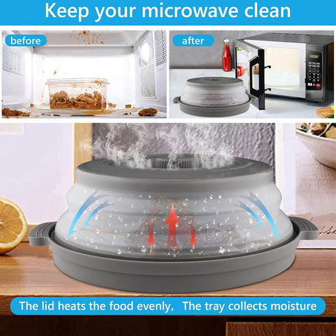 Microwave Splatter Cover with Plate Tray Set, BPA Free, 10.6 Inch Lid, Gray