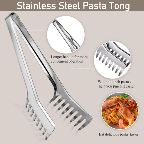 Set, Patelai Stainless Steel Spaghetti Spoon and Pasta Tongs Long Handle Noodle Server Tools with Drain Holes, Non-slip