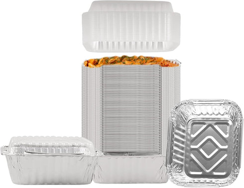 PARTY BARGAINS 1 Lb. Small Aluminum Pan with Lids - 50 Pack Disposable Take-Out Pans
