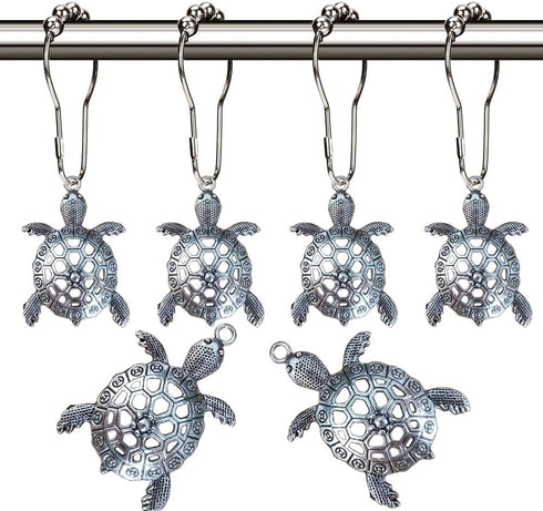 Sea Turtles Shower Curtain Hooks - Silver Metal Rust Proof Clips for Bathroom Accessories Set