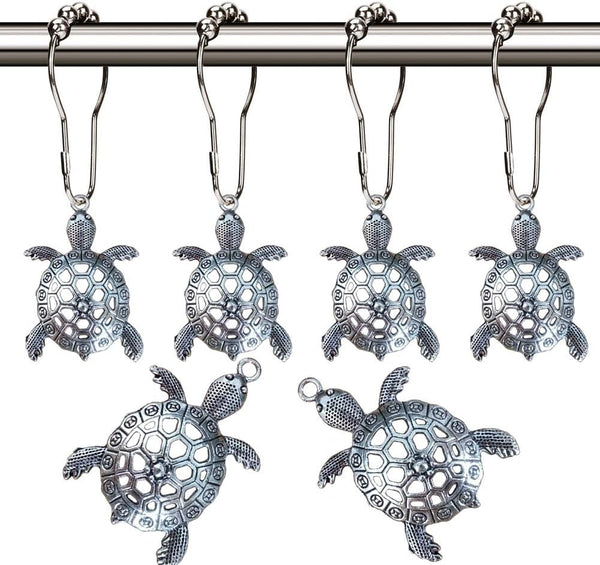 Sea Turtles Shower Curtain Hooks - Silver Metal Rust Proof Clips for Bathroom Accessories Set