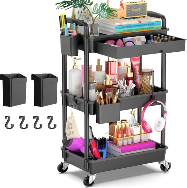 Goovilla 3 Tier Rolling Utility Cart Organizer with Removable Drawer, Stable and