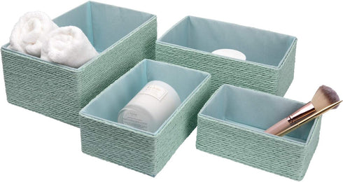Storage Baskets Set of 4, Stackable Woven Paper Rope Bins for Makeup Closet Bathroom Bedroom (Light Green)