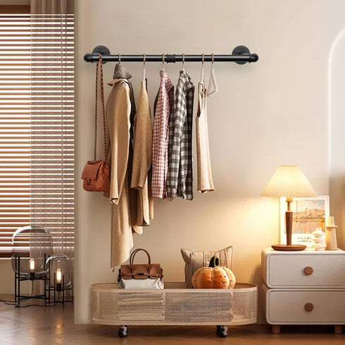 Industrial Iron Pipe Clothes Hanging Bar, Heavy Duty Wall-Mounted Garment Rack for Bedroom, Laundry Room Storage