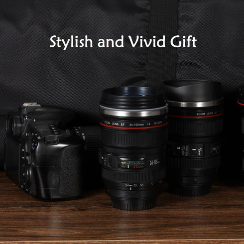 Camera Lens Coffee Mugs, Stainless Steel Lens Cups with Four Leaf Clover Spoon, Novelty Gifts for Photographers
