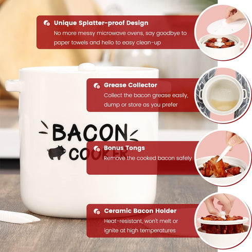 Microwave Bacon Cooker with Lid and Bonus Tongs - SOLIGT Ceramic Splatter-Proof Design Easy Faster Bacon Maker for