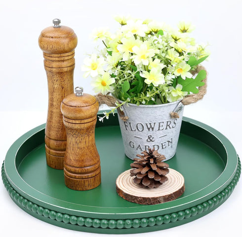 Hrastany Green Round Wood Decorative Ottoman Tray for Coffee Table Kitchen Counter,