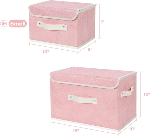 ANMINY Fabric Storage Bin with Lid, Rose Print Storage Box with PU Leather Handles, Washable PP Plastic, Pink, Small