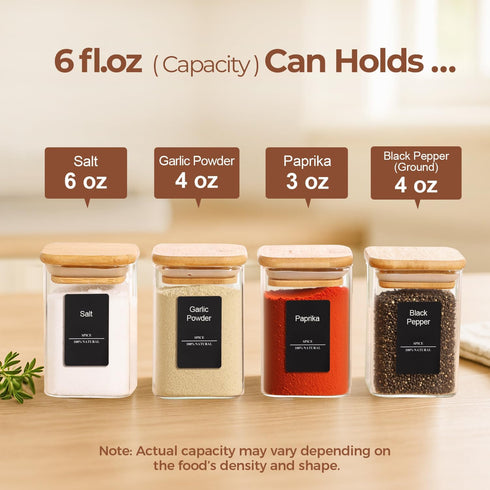 6 oz 12Pack, Set, ComSaf Spice Jars with Labels Small Spice Containers Starter Glass Seasoning Jars with Lids, Square